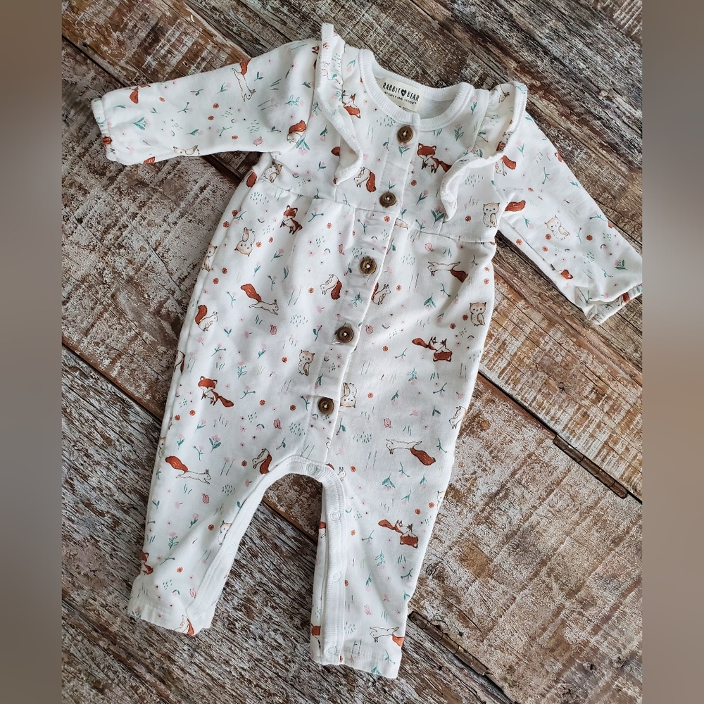 0-3M Rabbit and Bear organic cotton woodland romper